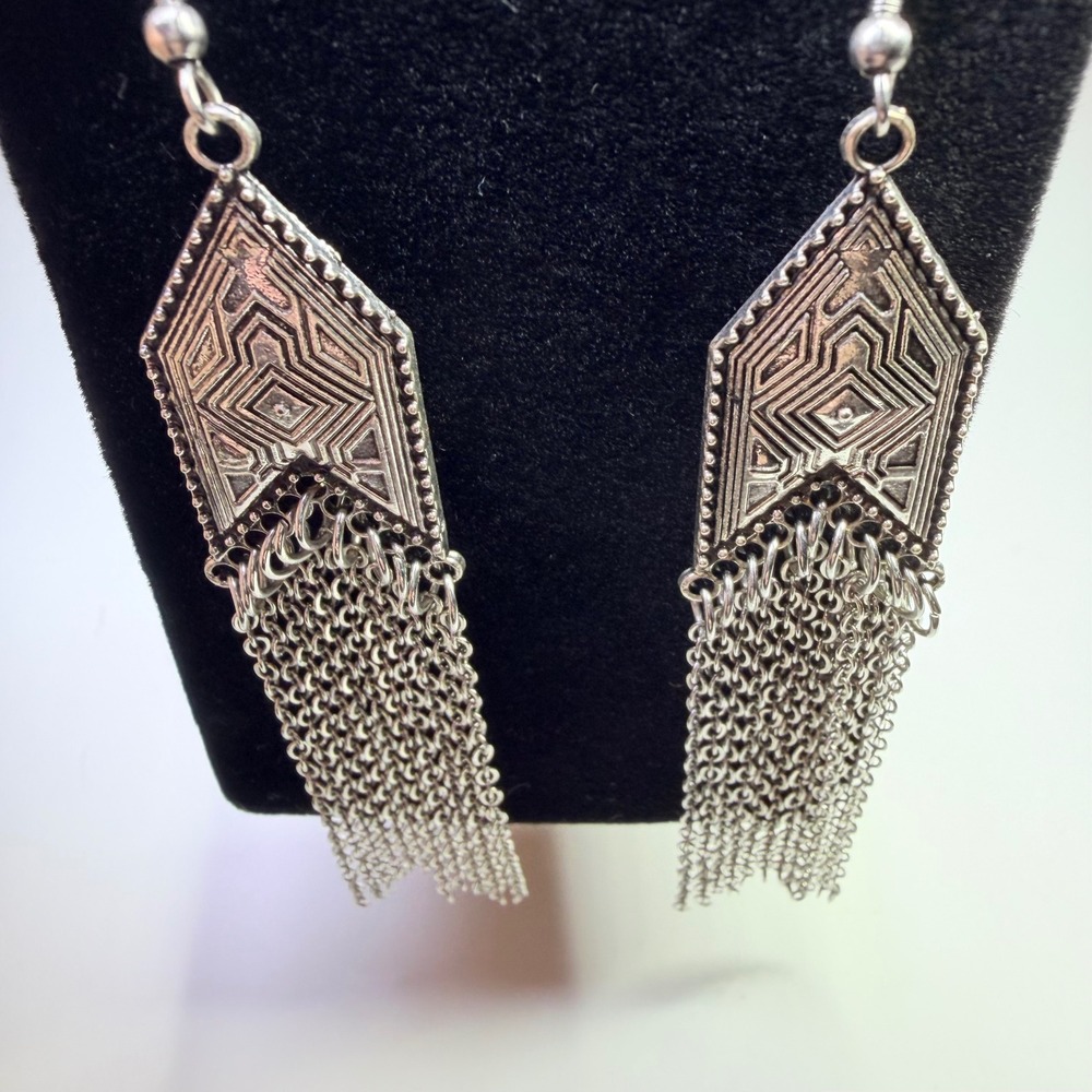 Silver Tone Geometric Chevron Fringe Chain Drop Dangle Earrings Boho Statement